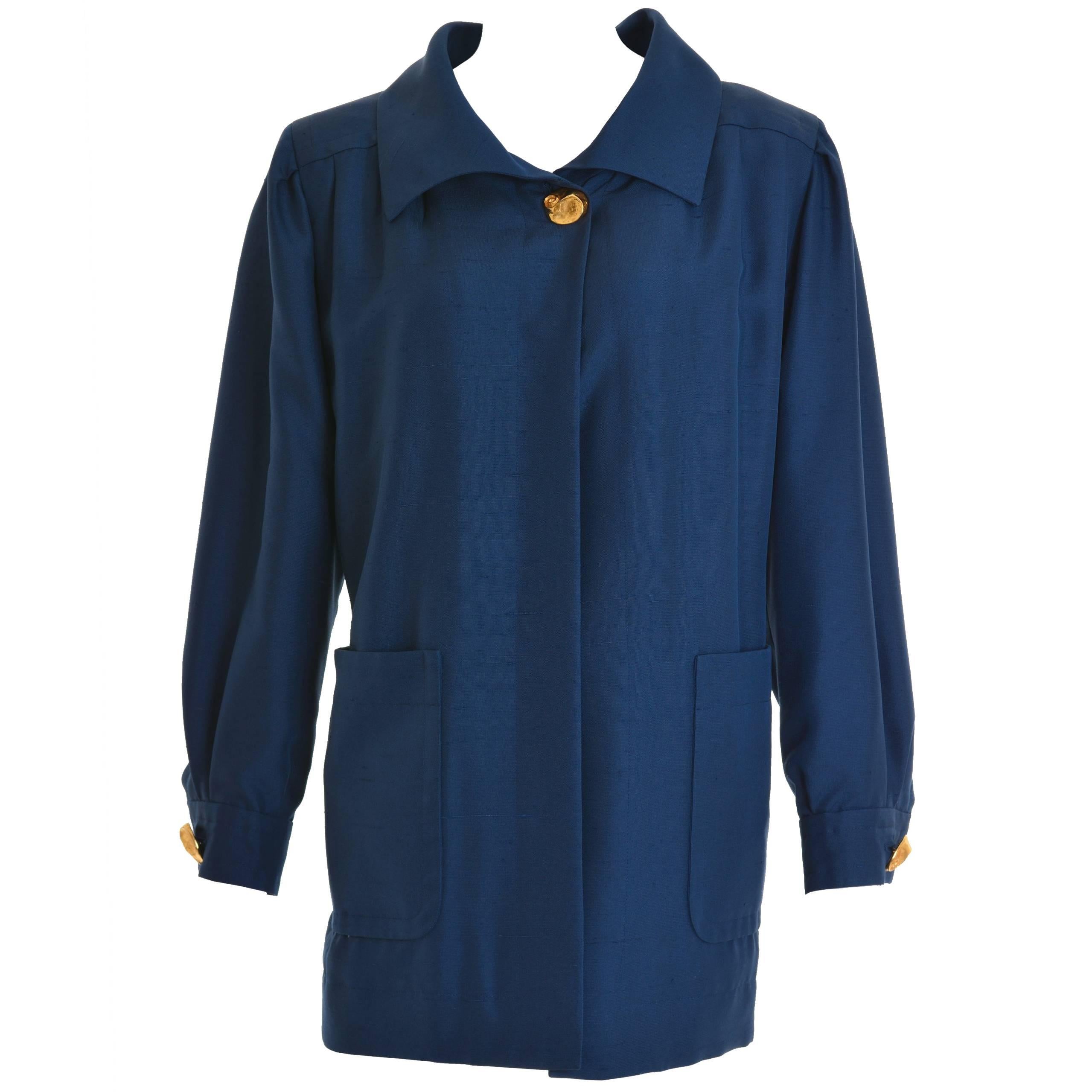 1980s YVES SAINT LAURENT Rive Gauche Blue Gabardine Jacket 