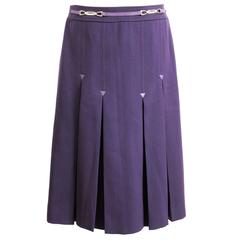 1980s Celine Purple New Wool Pleated Skirt Leather Insert