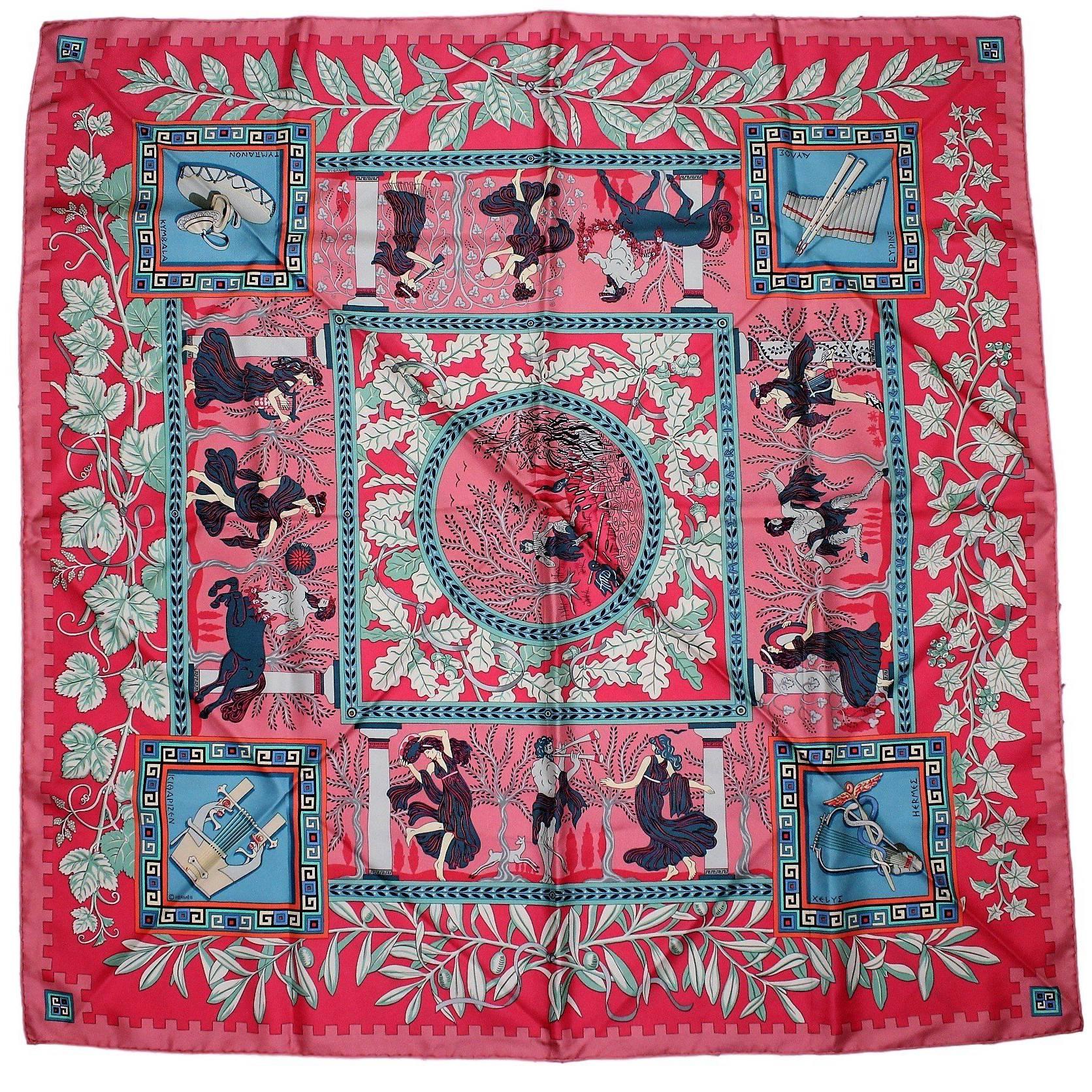 1990s Hermes Pink White Silk Scarf by Claudia Stuhlhofer Mayr "Musique des Dieus