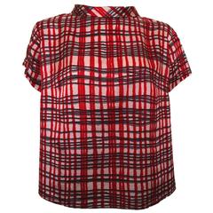 Vintage 1950s 1960s Tricel Wetherall Bond St Red Check Button Back Blouse Shirt