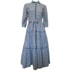 Vintage 1950s Blue white Stripe Pink Floral Cotton Dress 10