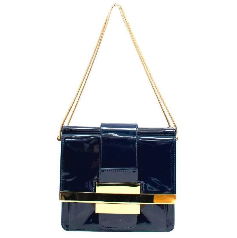 Lanvin Navy Patent Leather Shoulder Bag with Gold Hardware  For Sale