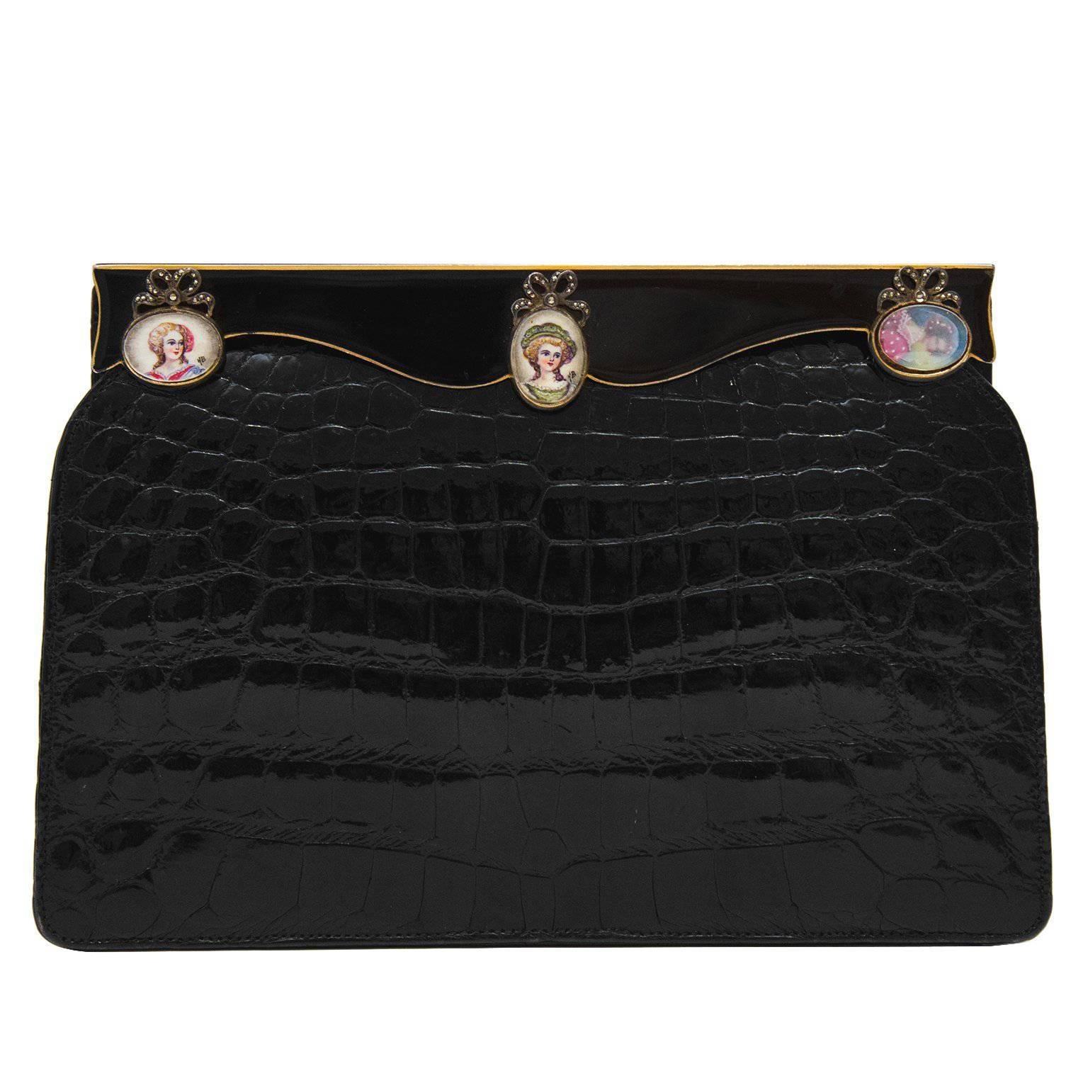 1950s Black Crocodile Clutch with Hand Painted Enamel Cameos 