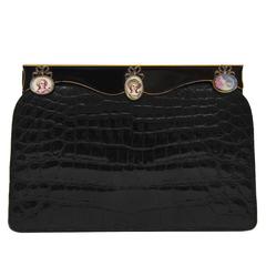 1950s Black Crocodile Clutch with Hand Painted Enamel Cameos 