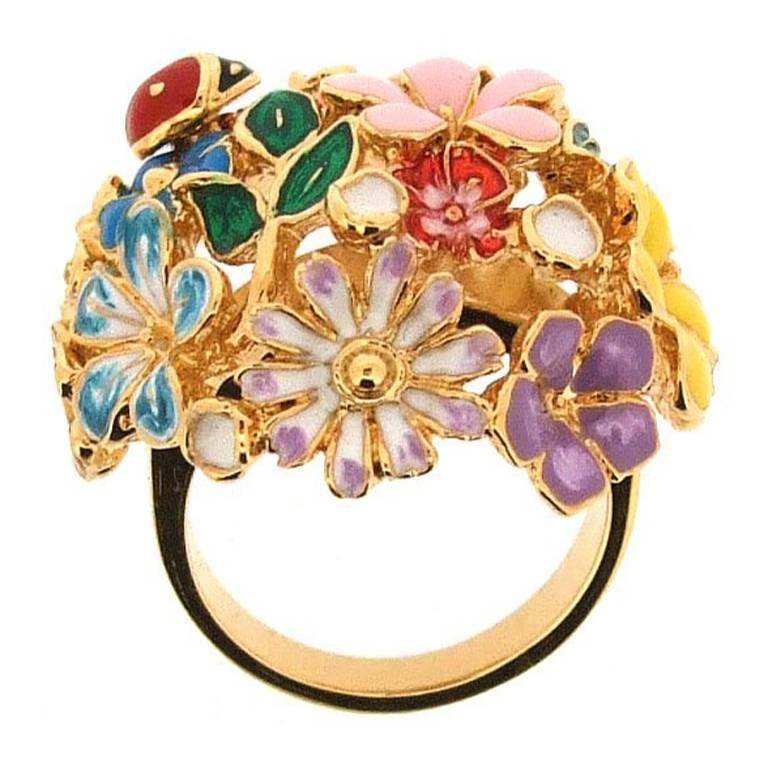 Floral Orb Ring Enamel Flowers By Bill Skinner For Sale