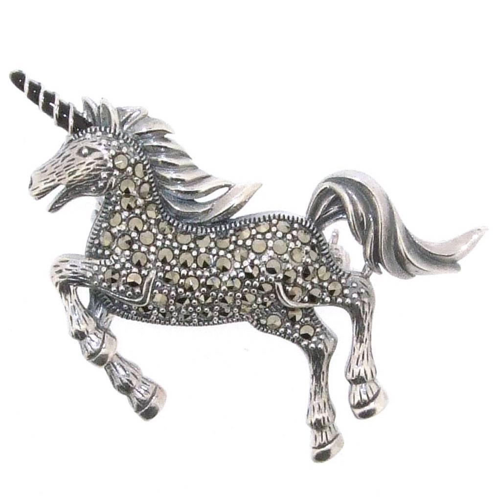 Silver Unicorn Brooch with marcasite For Sale