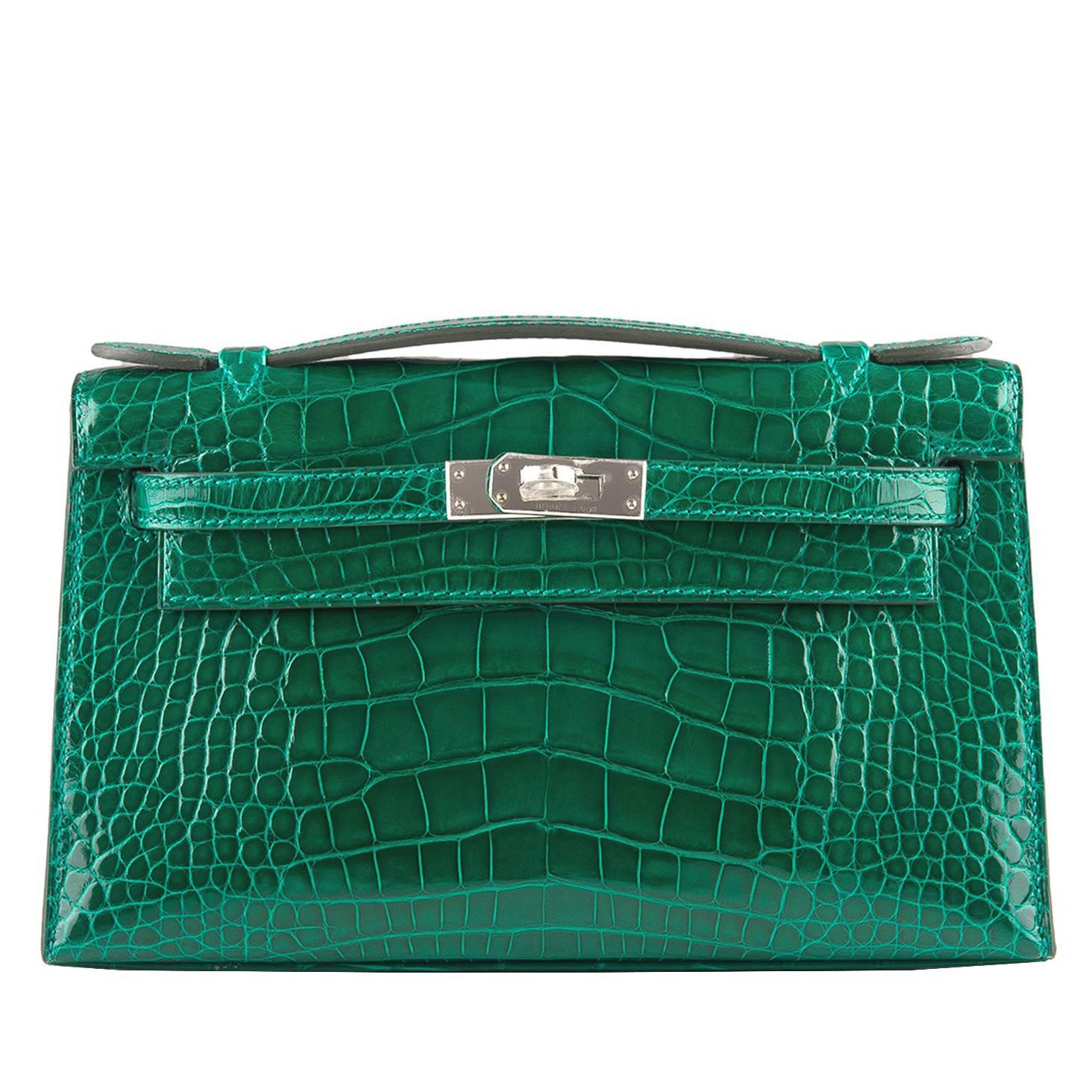 Hermes Emerald Shiny Alligator Mini Kelly Pochette For Sale