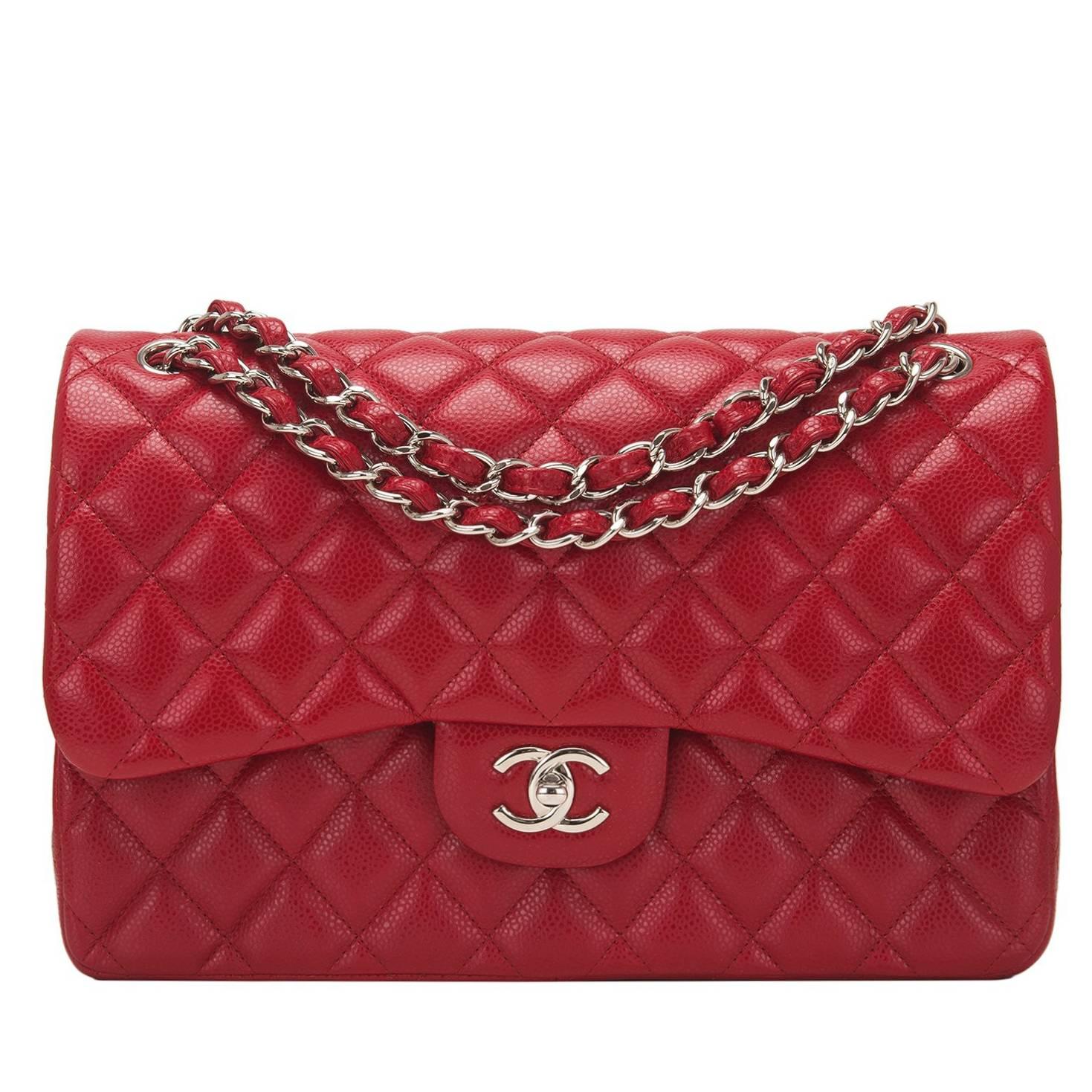 Chanel Red Quilted Caviar Jumbo Classic Double Flap Bag For Sale