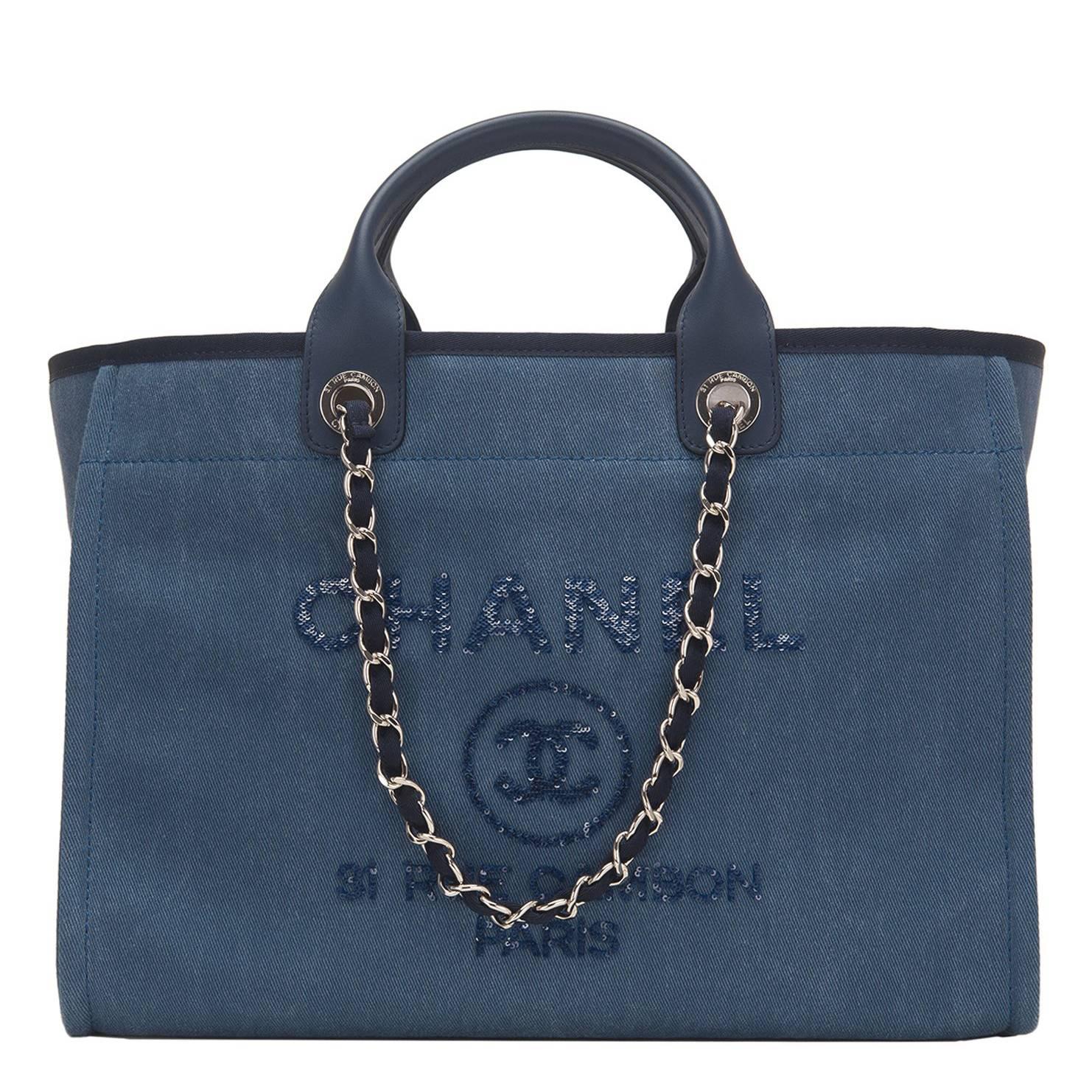 Chanel Large Navy Canvas With Sequins Deauville Tote For Sale