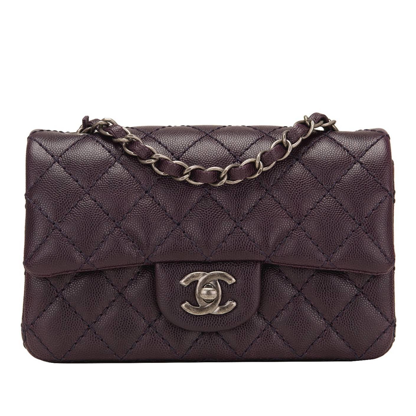 Chanel Dark Purple Quilted Caviar Rectangular Mini Classic Flap Bag For Sale