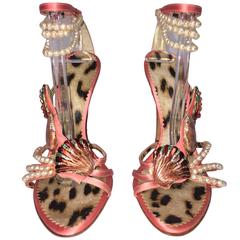 Roberto Cavalli Crystal Seashell Embellished Pearl Anklet Stiletto Heels 39 9