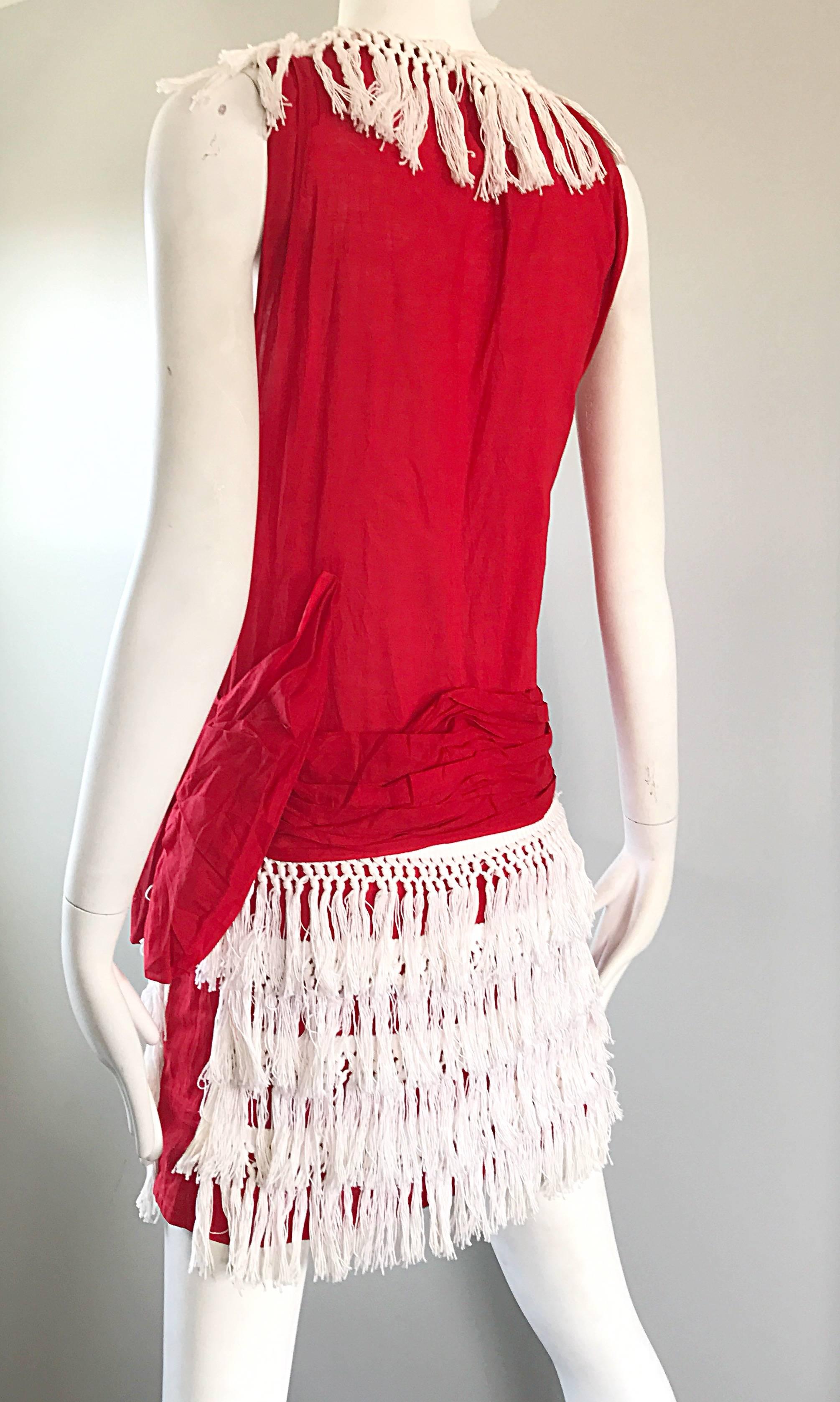 Rare 1960s Does 1920 Red + White Fringe Cotton Drop Waist Flapper 20s Dress For Sale 1