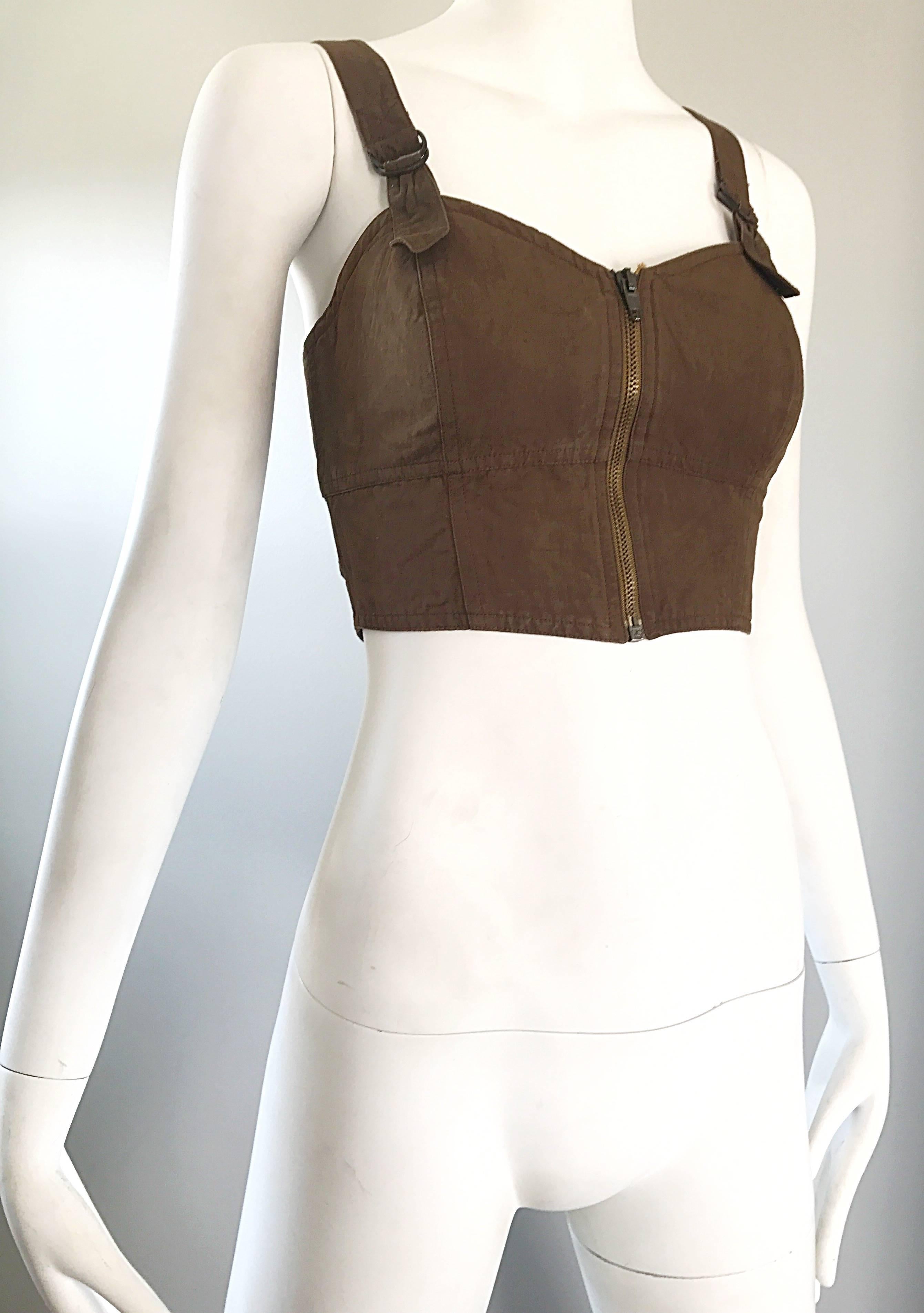 1990s Krizia Vintage Brown Bondage Back 90s Crop Top Corset Bustier In Excellent Condition For Sale In San Diego, CA