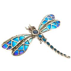 Silver Dragonfly Brooch Pendant Pic a Jour Enamel