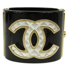 Chanel Black Gold Quilted Charm Statement Evening Cuff Bangle Bracelet 