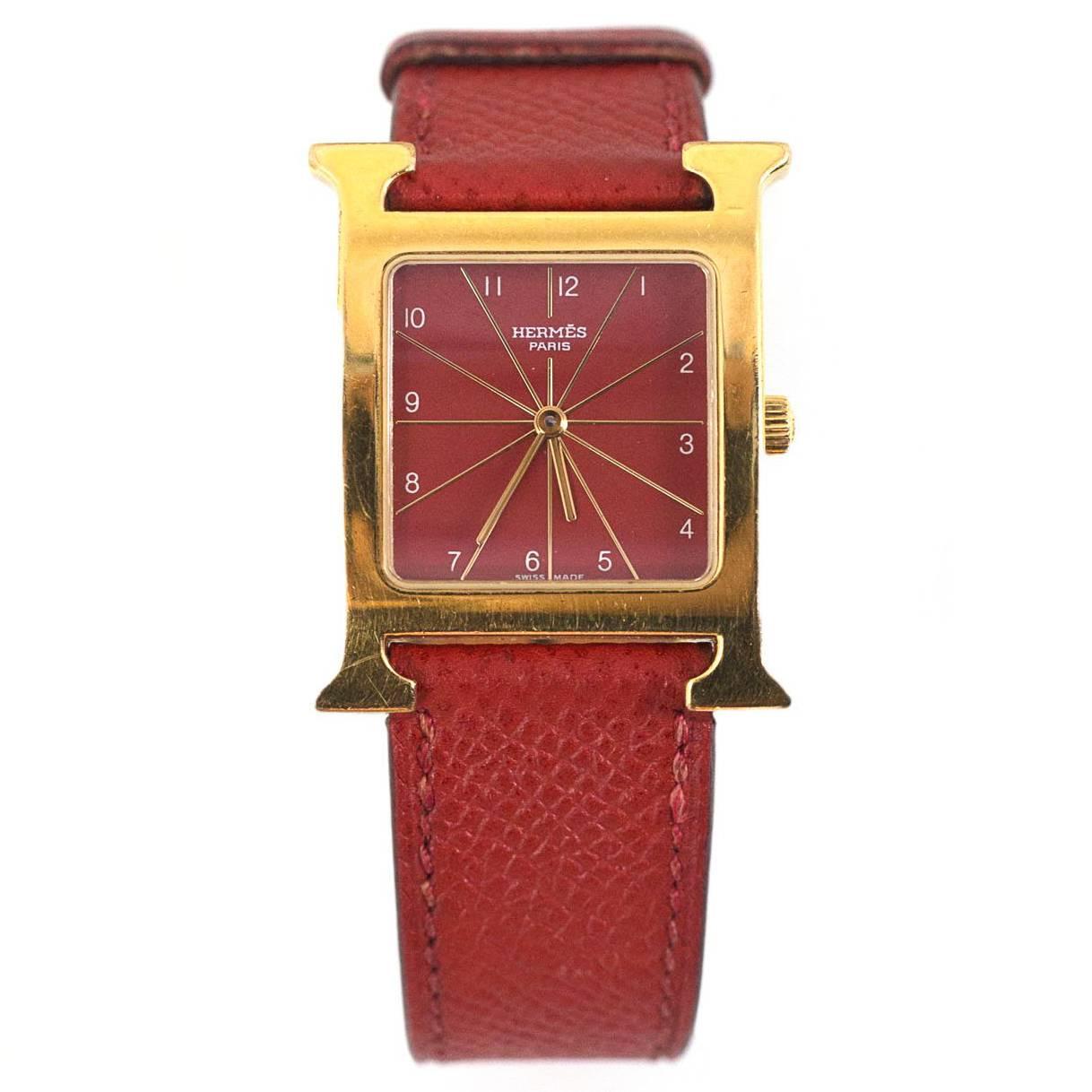 Hermes Red Heure H MM Watch with Extra Rouge H Band Strap