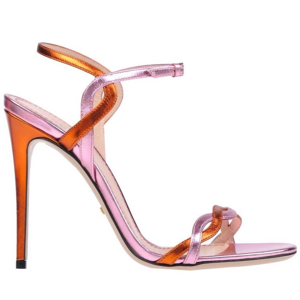 Gucci NEW Pink Orange Metallic Leather Strappy Evening Sandals Heels in ...