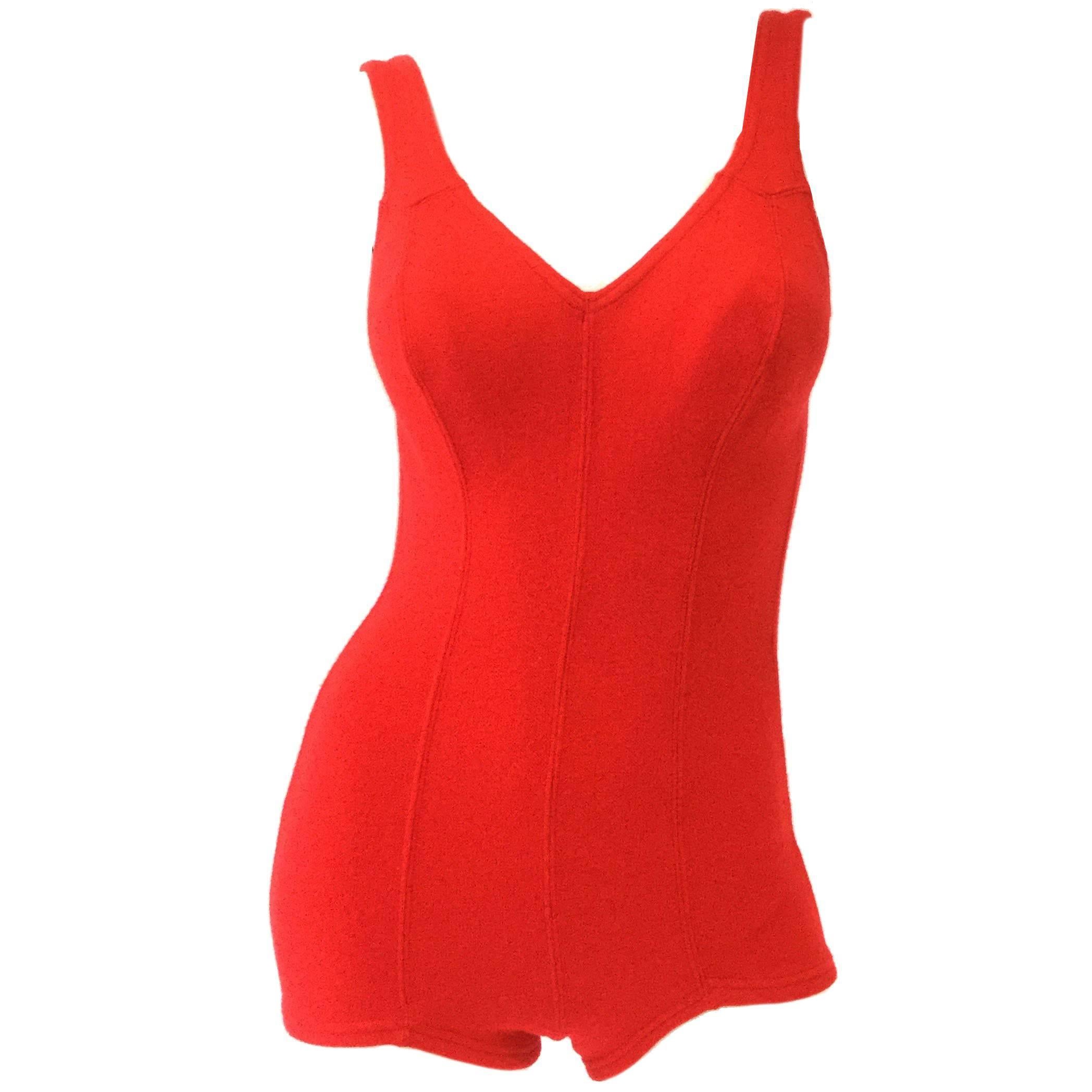 1960s DeWeese Candy Red Wool Knit One Piece Swimsuit For Sale