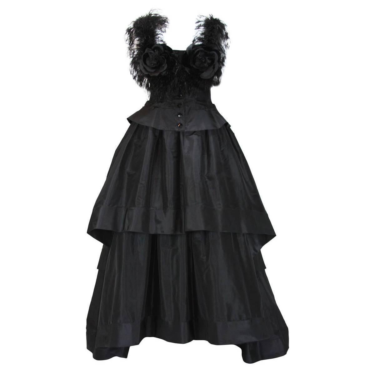 Valentino Boutique 80's Silk Taffeta Feathers Black Gown