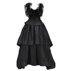 Valentino Boutique 80's Silk Taffeta Feathers Black Gown