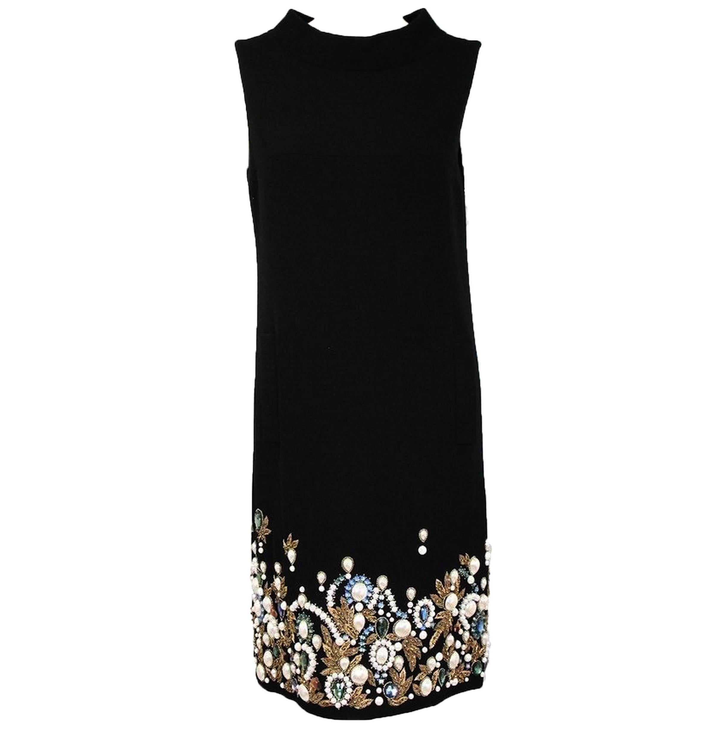Oscar De La Renta - Robe de cocktail en laine noire avec broderie de pierres précieuses, taille US 6