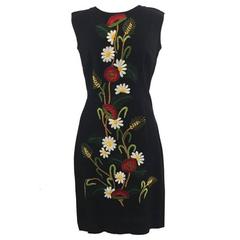 Vintage 1960s Italian Sleeveless Shift Dress Black mix Linen & Cotton Embroidered 