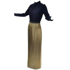 Vintage Bob Mackie 1980s Gold Satin Maxi Dress Open Back Black Beaded Size 8
