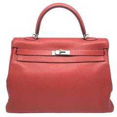 Hermes Kelly 35 Rouge Casaque Taurillon Clemence Leather SHW Top Handle Bag