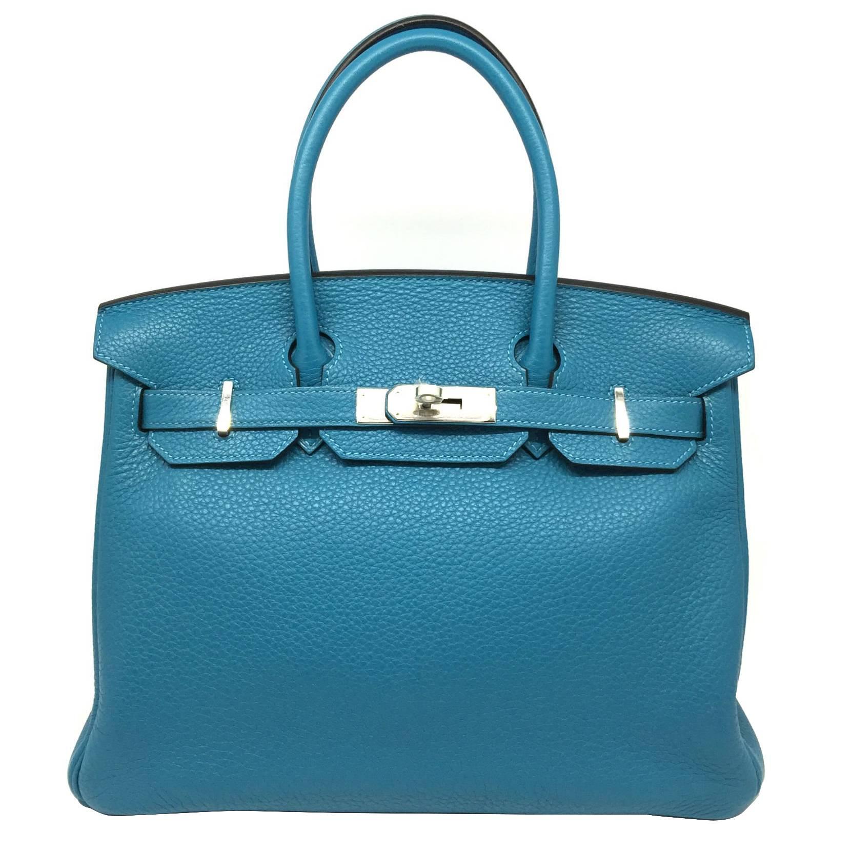 Hermes Birkin 30 Turquoise Blue Clemence Leather SHW Top Handle Bag For Sale