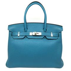 Hermès - Sac à main Birkin 30 en cuir Clemence bleu turquoise avec poignée supérieure SHW