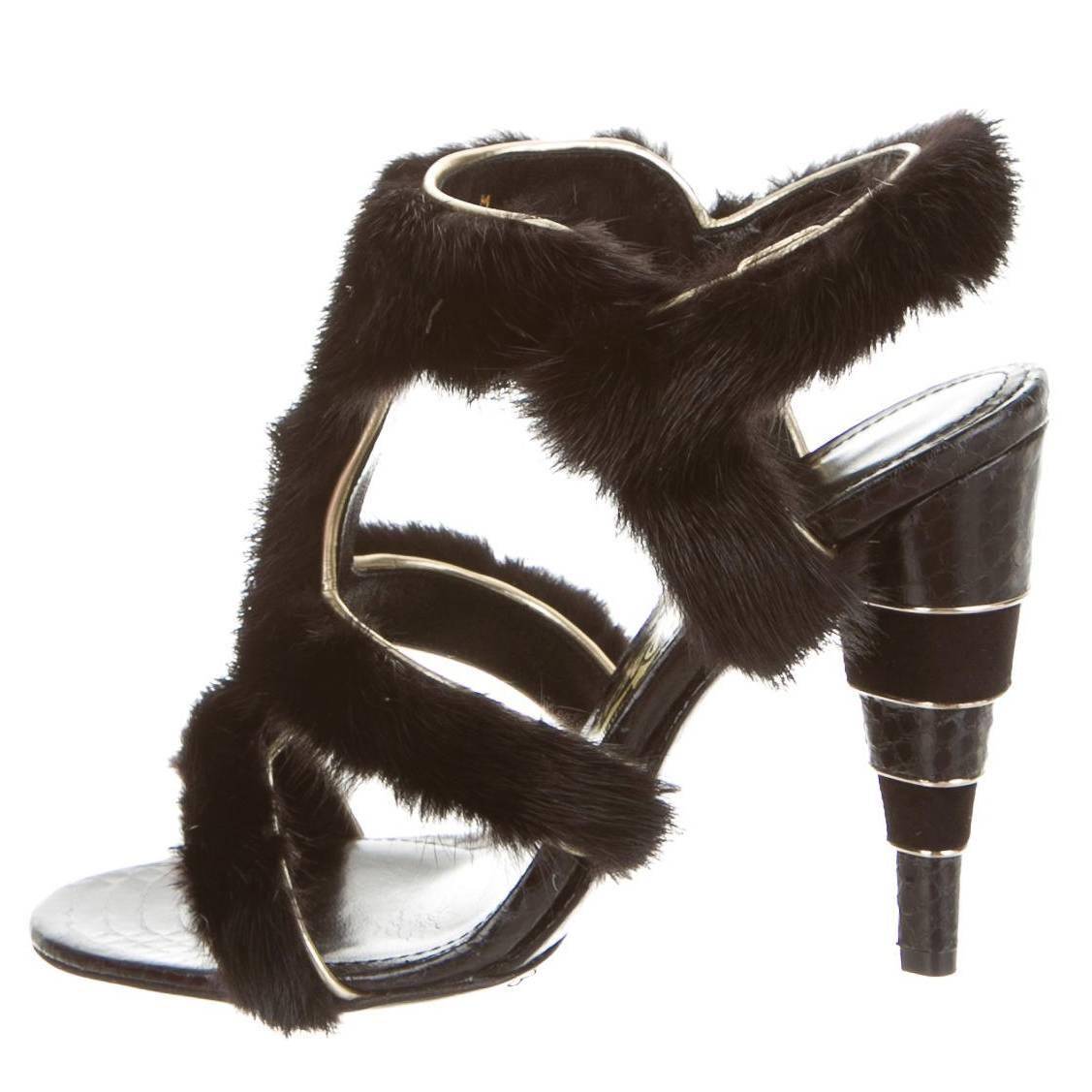 Salvatore Ferragamo NEW & SOLD OUT Black Mink Evening Sandals Heels in Box