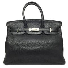 Hermes Birkin 35 Noir Black Clemence Leather SHW Top Handle Bag
