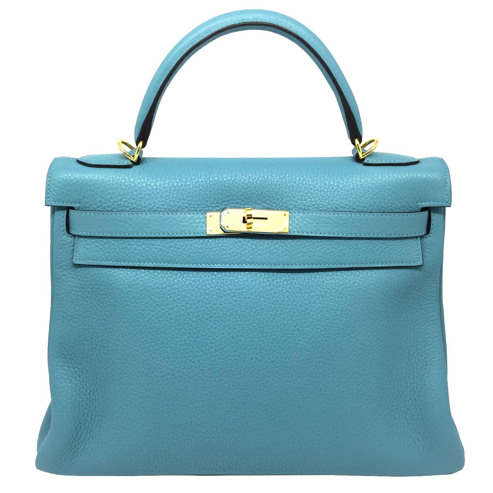 Hermes Kelly 32 Blue Saint Cyr Taurillon Clemence Leather GHW Top Handle Bag For Sale