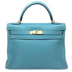 Hermes Kelly 32 Blue Saint Cyr Taurillon Clemence Leather GHW Top Handle Bag
