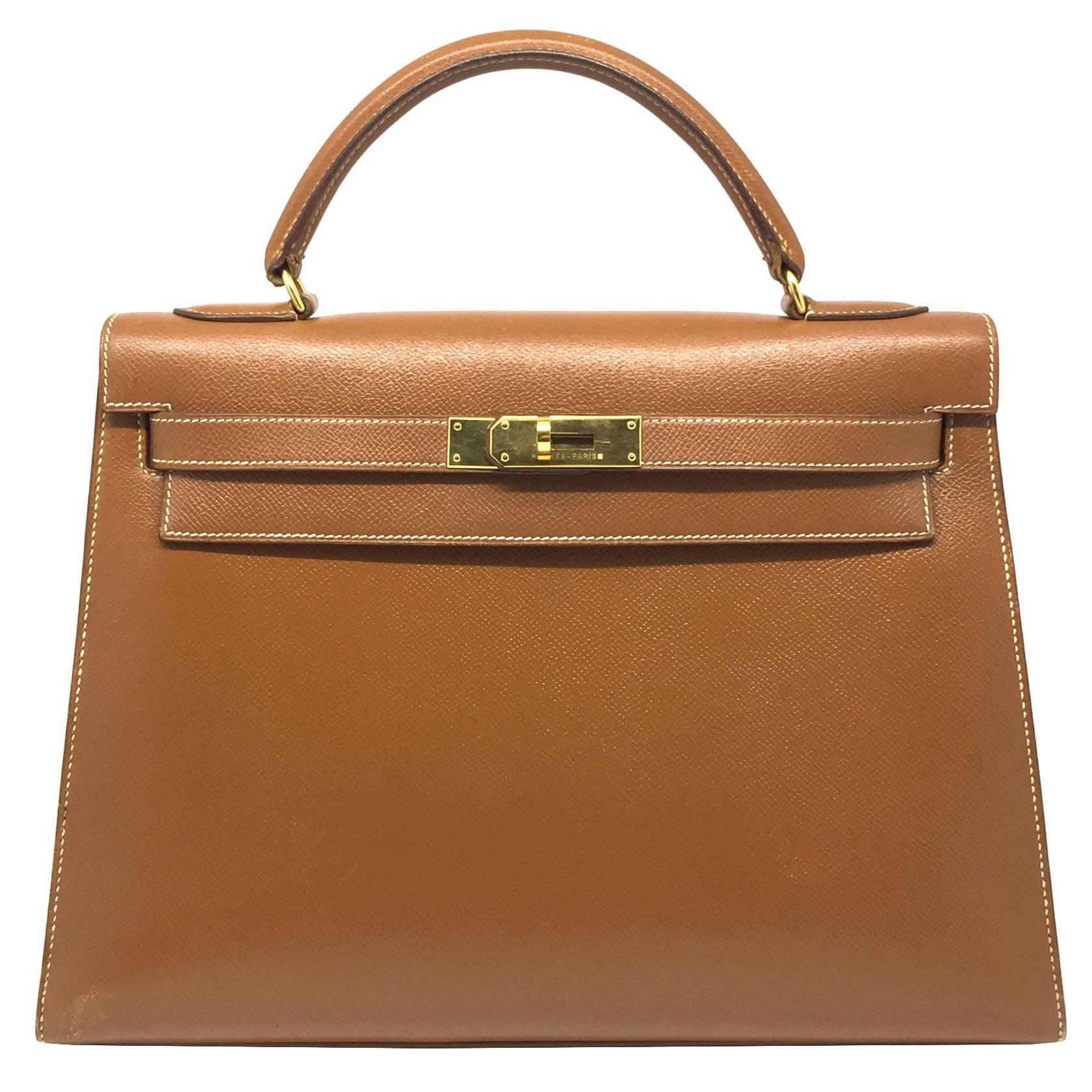 Hermes Kelly 32 Brown Cigare Epsom Leather GHW Top Handle Bag For Sale