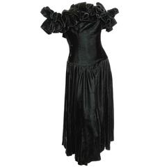 Barboglio Cristina Jan Cocktail Dress Black Velvet Off Shoulder Ruffle Sz 6 80s 10