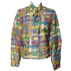 Vintage Christian Dior Watercolor Print Blouse with Tie Wrap Collar Size S 60s 4