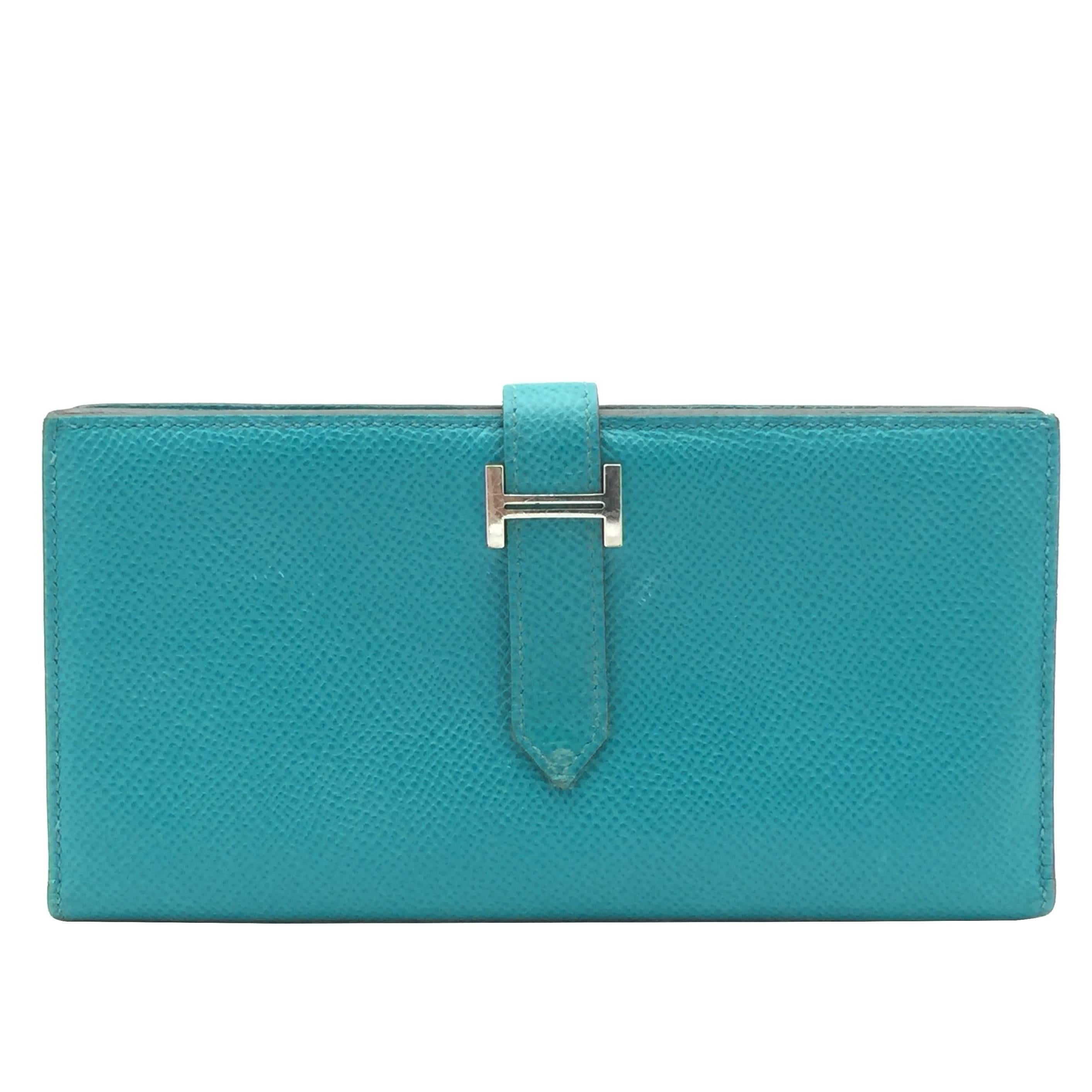 Hermes Bearn Blue Paon Epsom Leather SHW Long Wallet For Sale