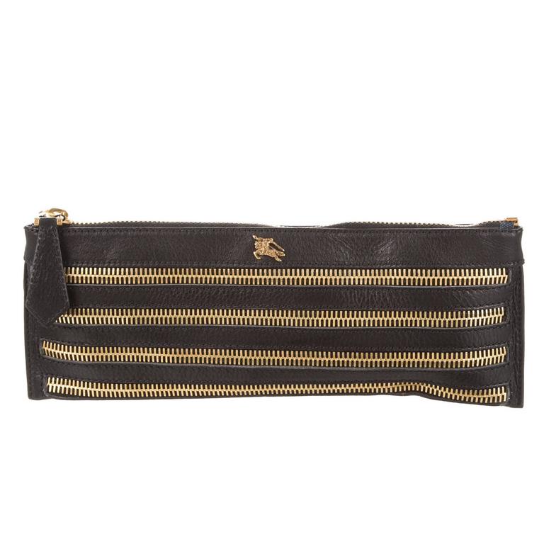 Burberry NEW Black Leather Gold Zipper Envelope Evening Wristlet Clutch