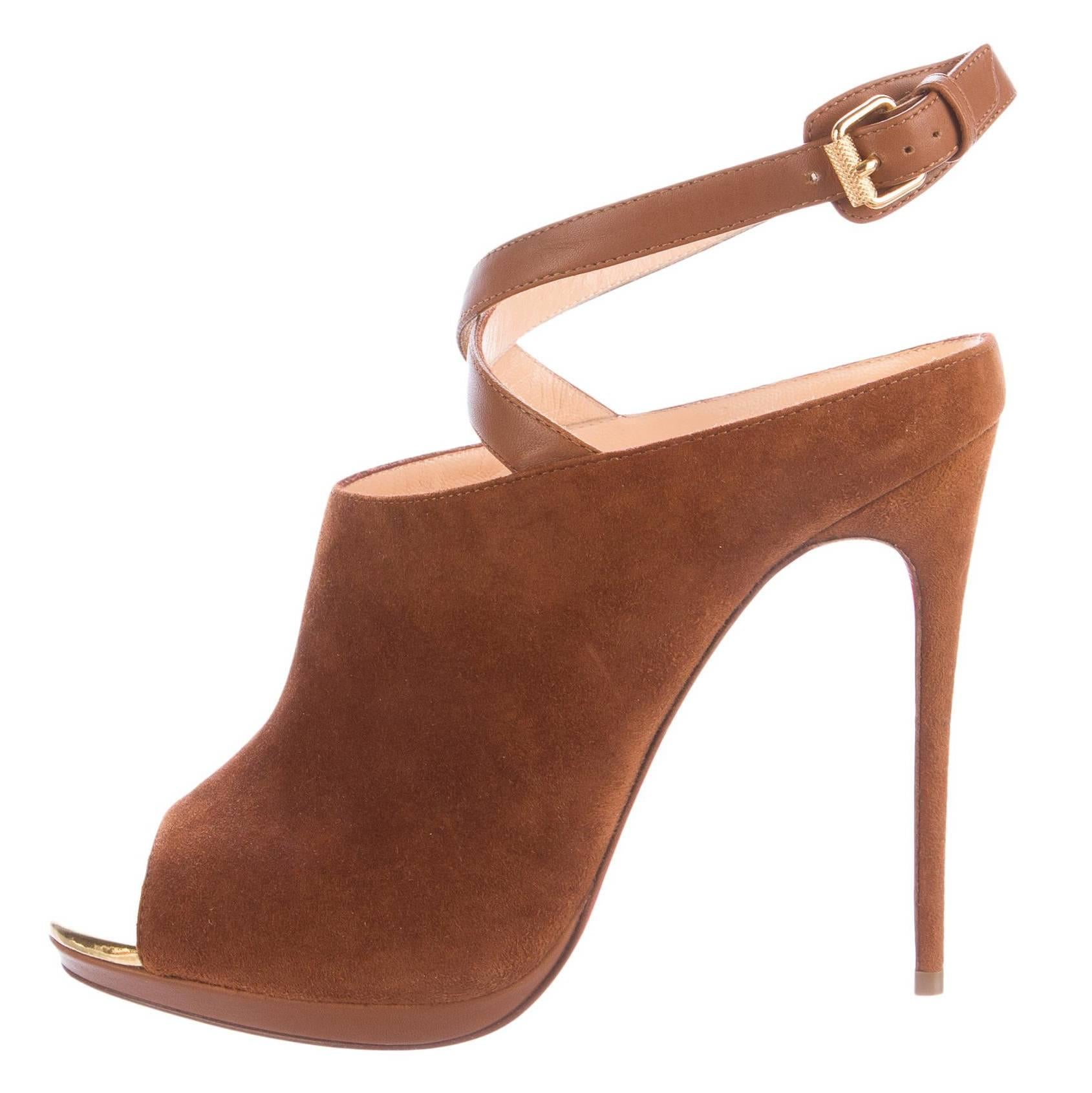 Christian Louboutin NEW Cognac Suede Peep Toe Ankle Sandals Heels in Box