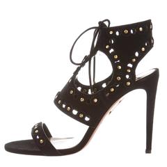 Aquazzura NEW 
SOLD OUT Black Gold Ball Cut Out Ankle Tie Sandals Heels in Box