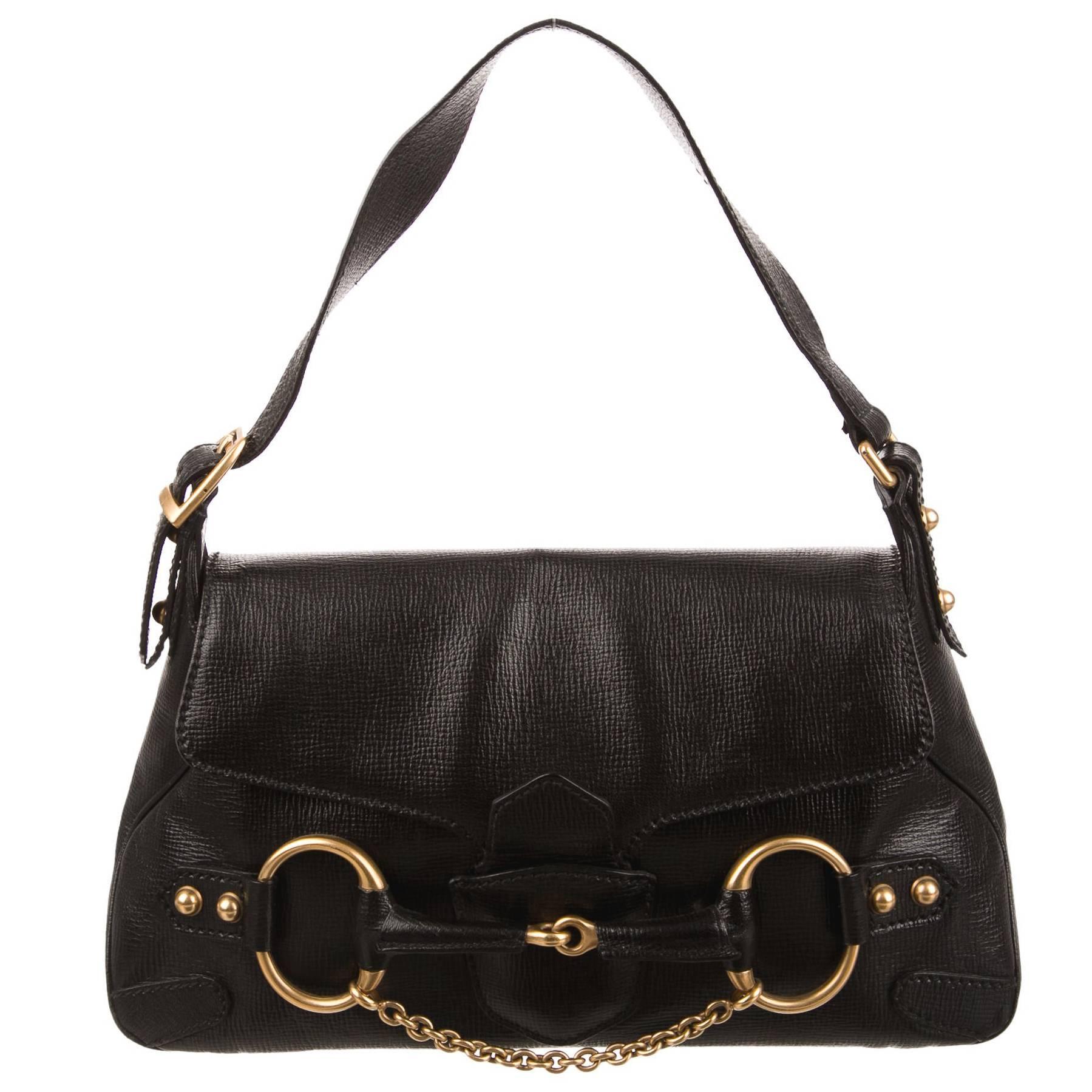 Tom Ford Gucci Black Leather Gold Evening Shoulder Top Handle Satchel Flap Bag