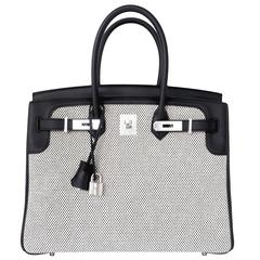 Hermes Black Swift Leather Criss Cross Ecru Graphite Toile 35cm Birkin VIP