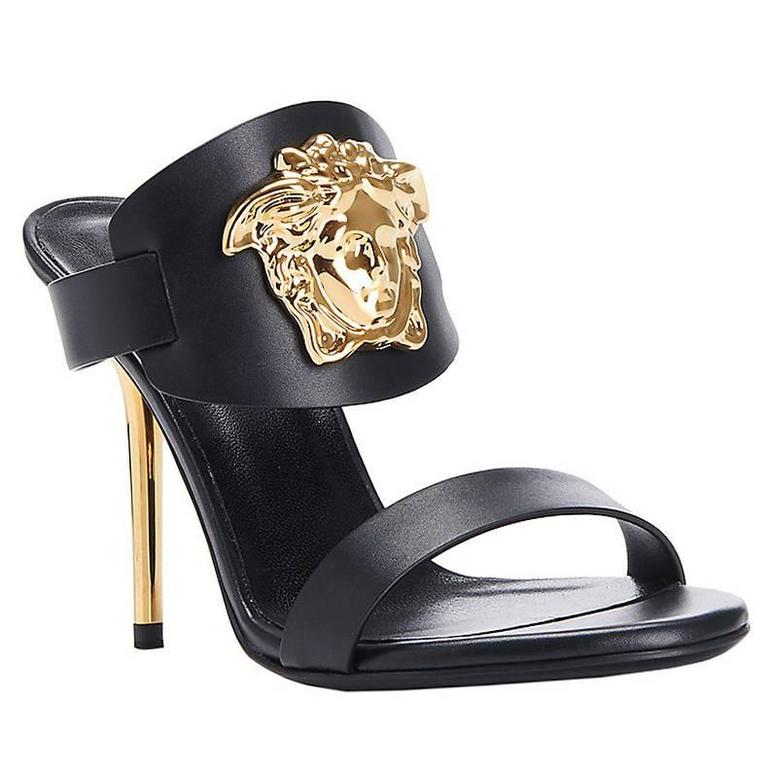 New Versace Palazzo Black Leather Sandals at 1stDibs | versace palazzo  heels, versace heels sandals, versace leather slippers