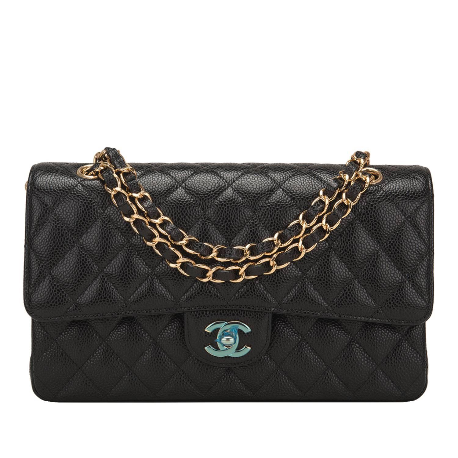 Chanel Black Quilted Caviar Medium Classic Double Flap Bag For Sale