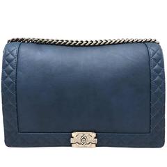 Chanel Boy Reverso Flap Blue Calfskin Leather SHW Chain Shoulder Bag