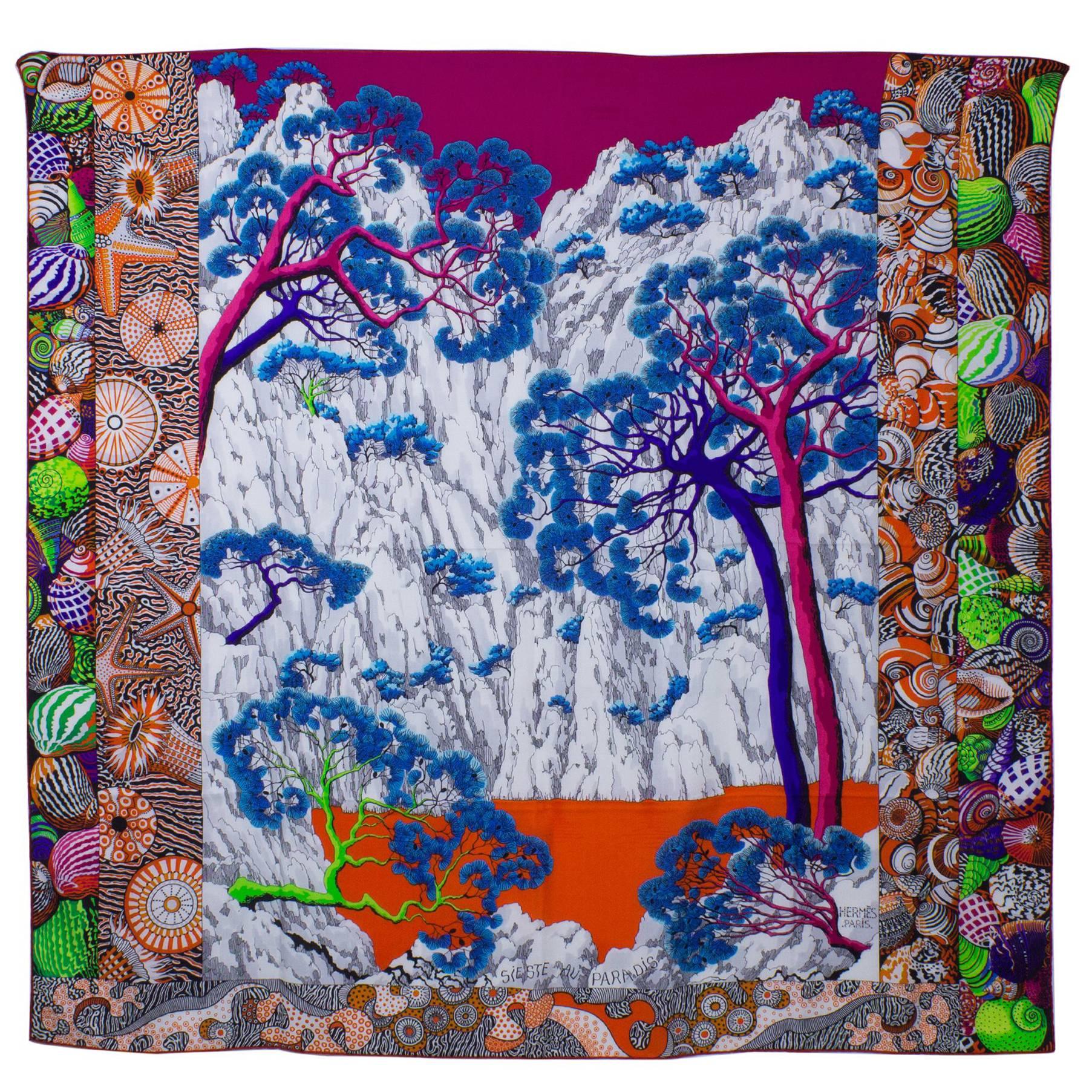 Hermes Shawl "Chale" "Sieste au Paradis" 55"x55" Blanc / Fuchsia / Blue 2017 For Sale