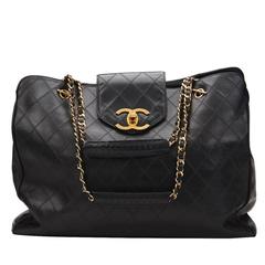 1980s Chanel Black Quilted Lambskin Vintage Jumbo Supermodel Tote