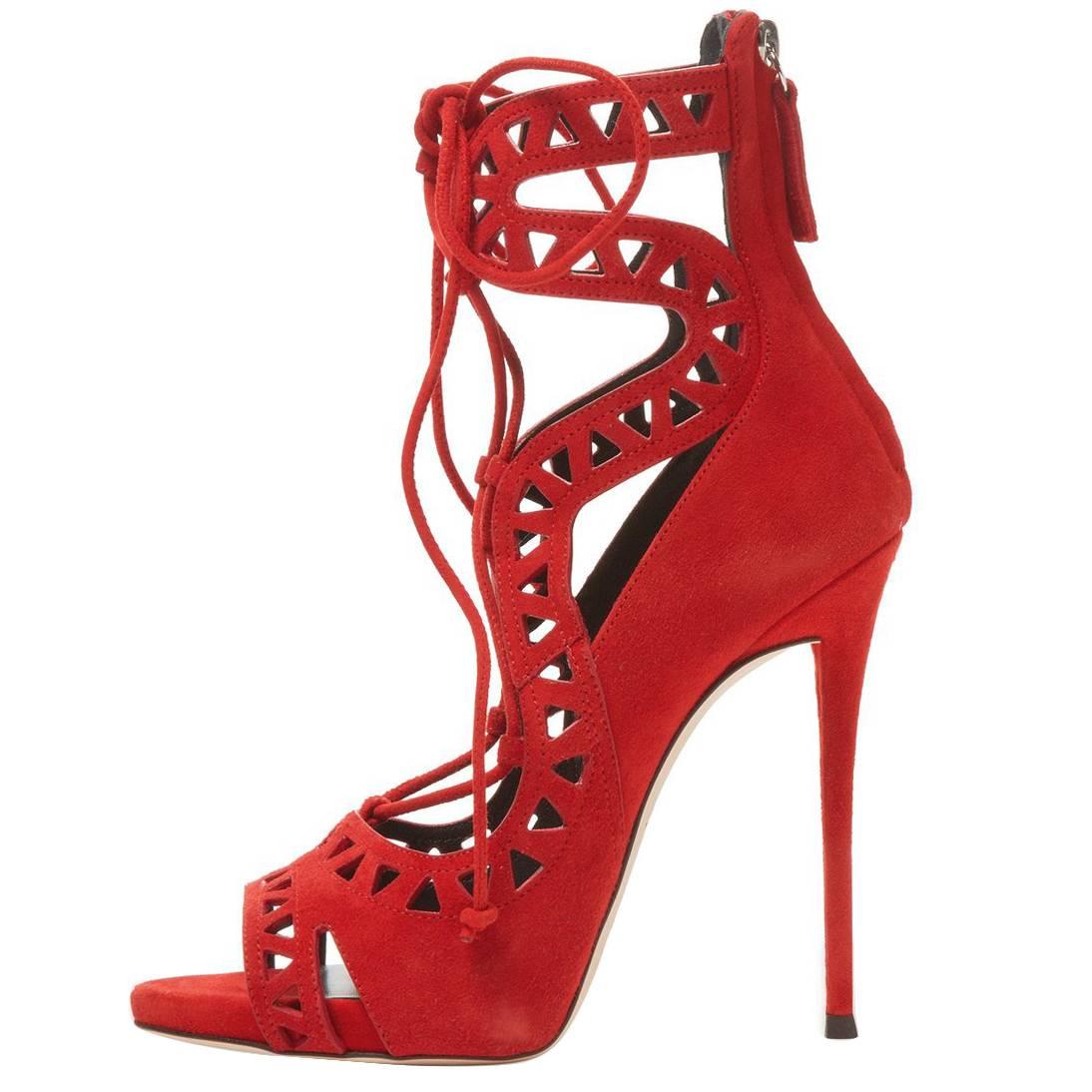 Giuseppe Zanotti NEW Red Suede Cut Out Lace Up Sandals Heels in Box