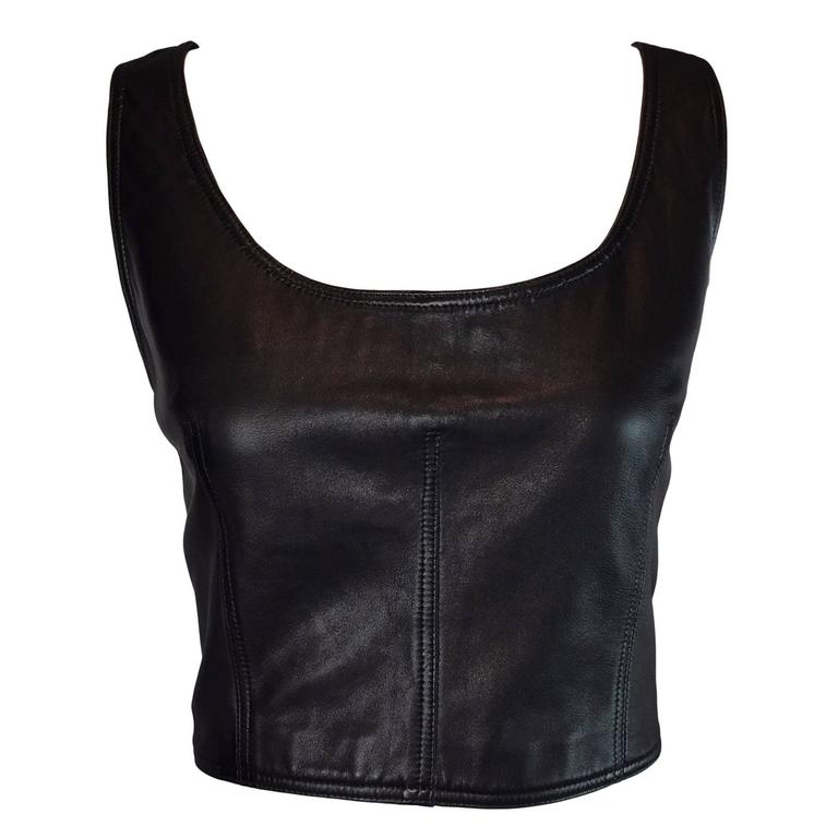 S/S 1998 Gianni Versace Black Leather Crop Top M/L at 1stDibs
